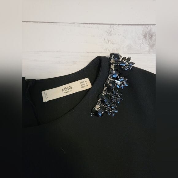 MNG Casual Black Fit + Flare, Floating Top, Sleeveless Bejeweled Shoulder Dress - Picture 6 of 8